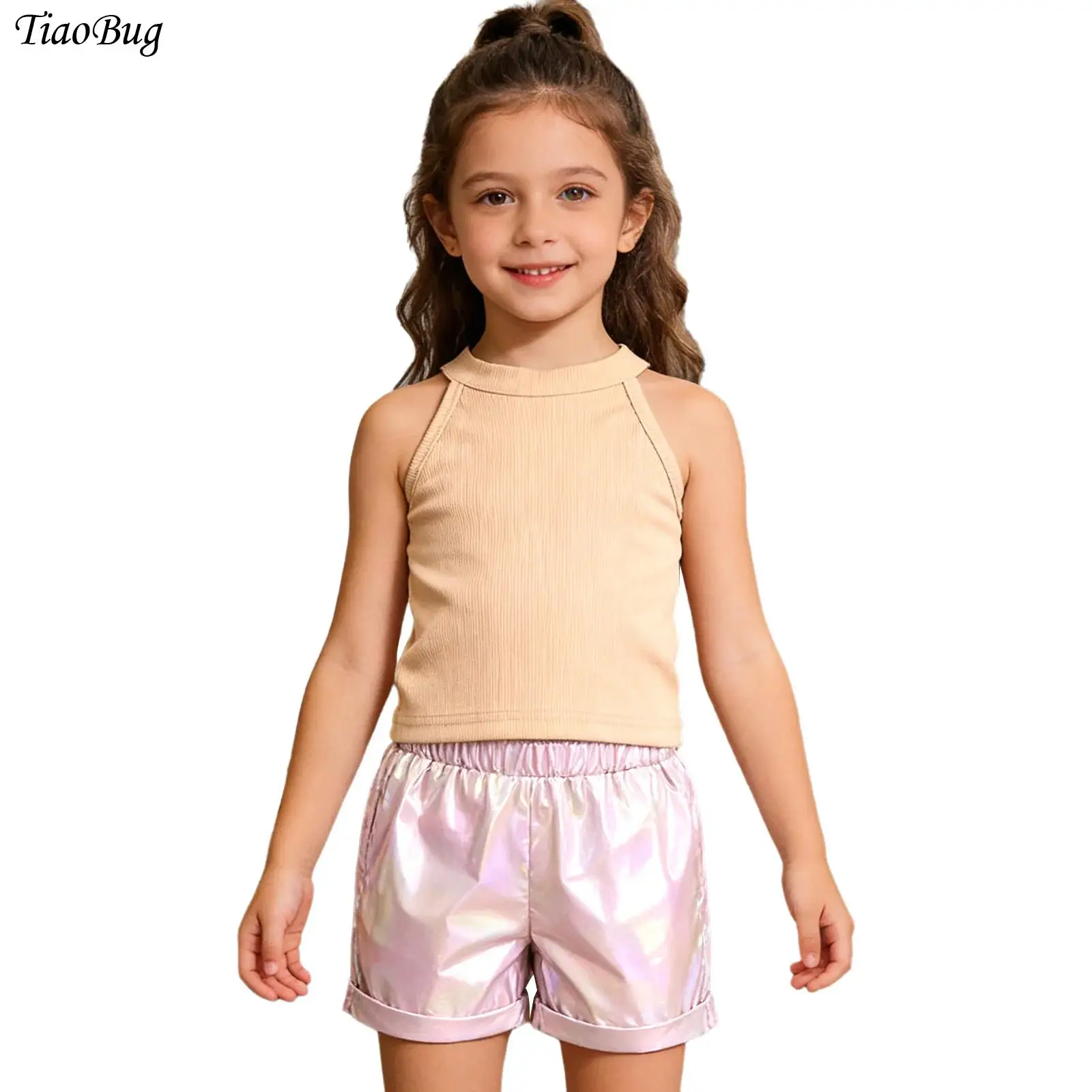 

Kids Girls Trendy Sleeveless Halter Ribbed Top Glossy Metallic Shorts Casual Outfit For Birthday Party Beach Travel Leisure Wear