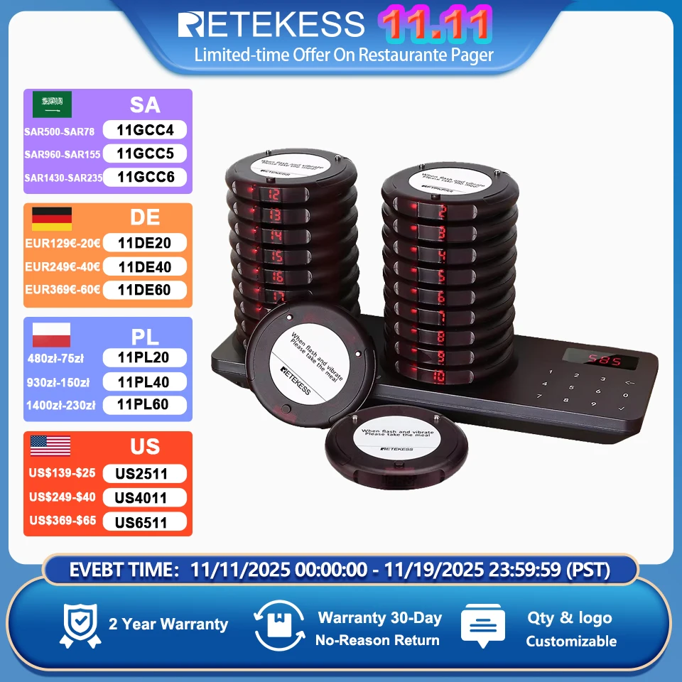 Retekess TD163 Cercapersone ristorante Sistema di chiamata wireless Vibratori Dispositivo cercapersone Campanello di vibrazione Cafe Beeper per caffè Cibo Camion