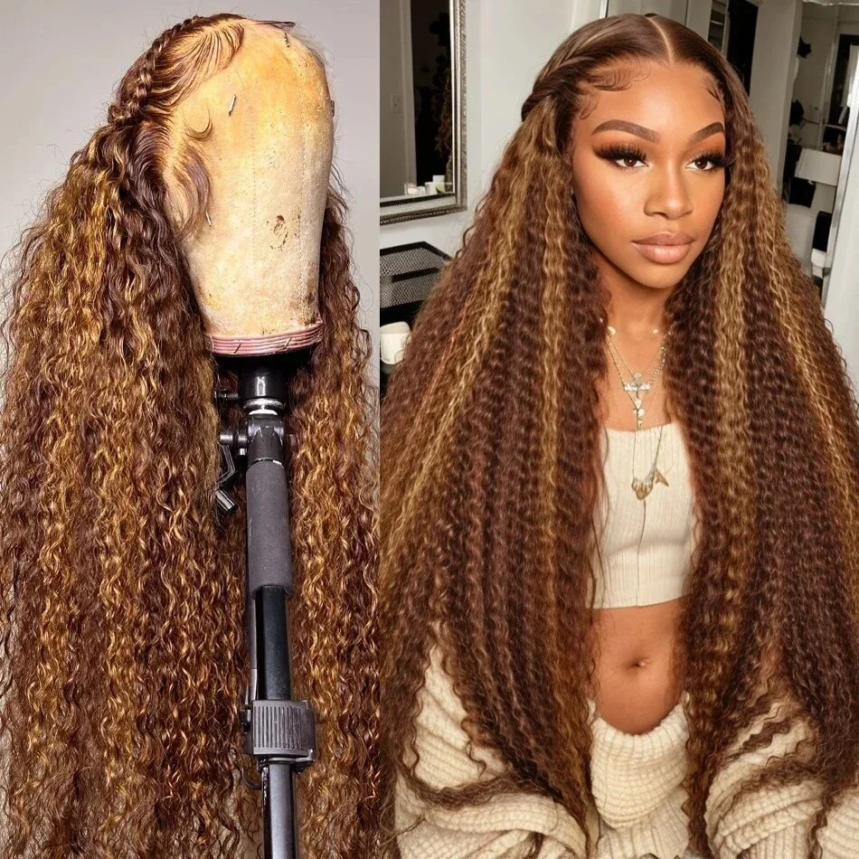 13x4 Brown Lace Front Wig Honey Blonde Colored Curly Human Hair Wigs 13x6 Highlight Wig Human Hair Deep Wave Lace  Frontal Wig