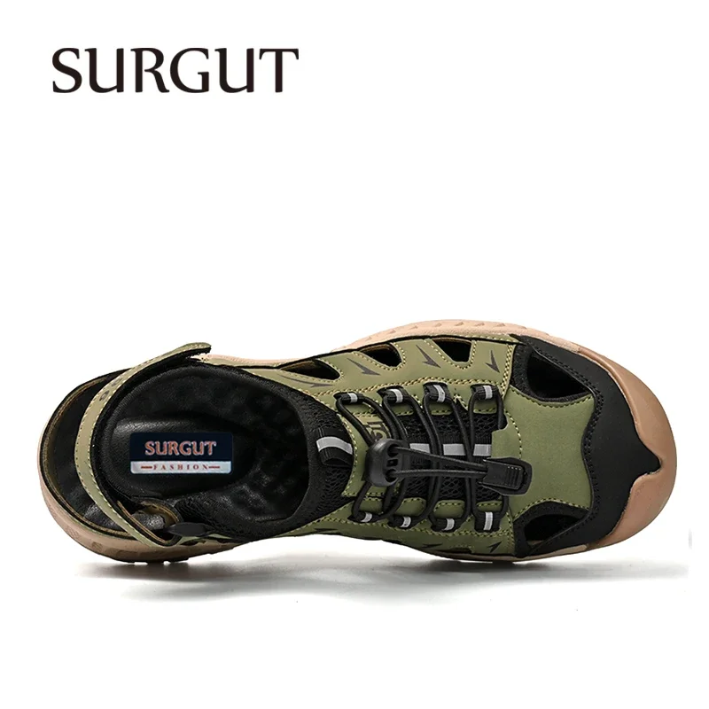 SURGUT 2025 New Luxury Men's Sandals Breathable Summer PU Leather Comfortable Thick Soft Sole Fashion Sandals Shoes For Men