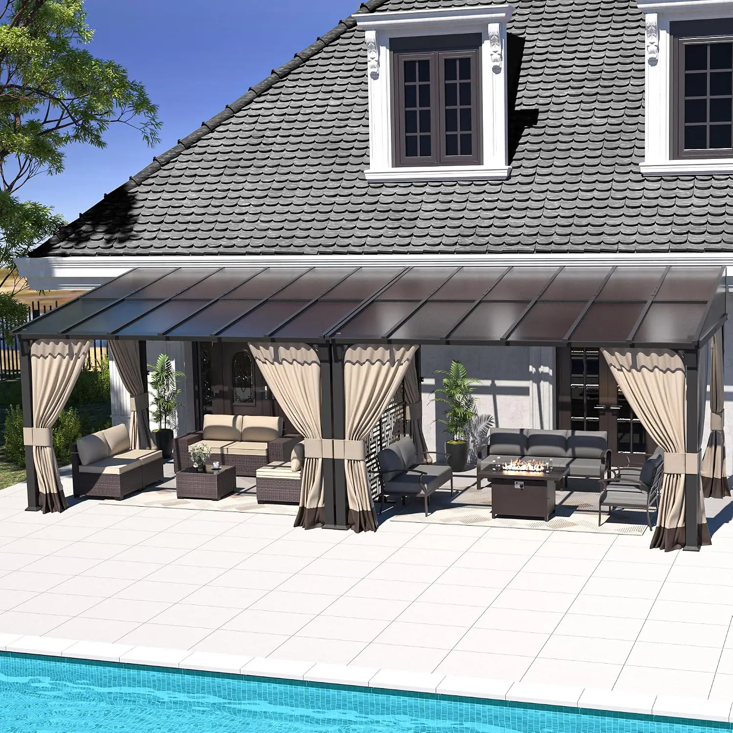 10’ x 24’ Wall Mount Gazebo Outdoor Pergola, Hardtop Lean to Gazebo Canopy Awnings with Sloped Roof and Sturdy, Customized