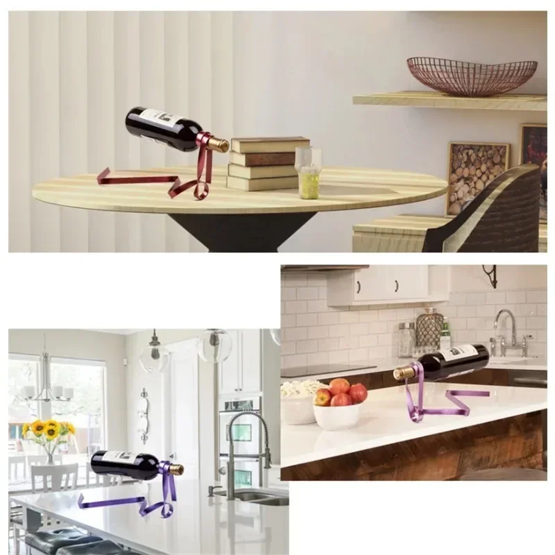 Creative Floating Iron Suspended Color Ribbon Wine Rack Poised Bottle Holder Cabinet Stand Bracket Bar Vintage Home Table Decor