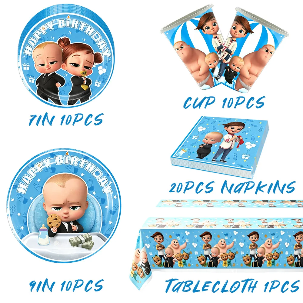 Boss Baby Cartoon Geburtstagsparty Dekorationen Hintergrundbanner Teller Becher Servietten Tischdecke Ballons Jungen Mädchen Party Babyparty – Detail 8