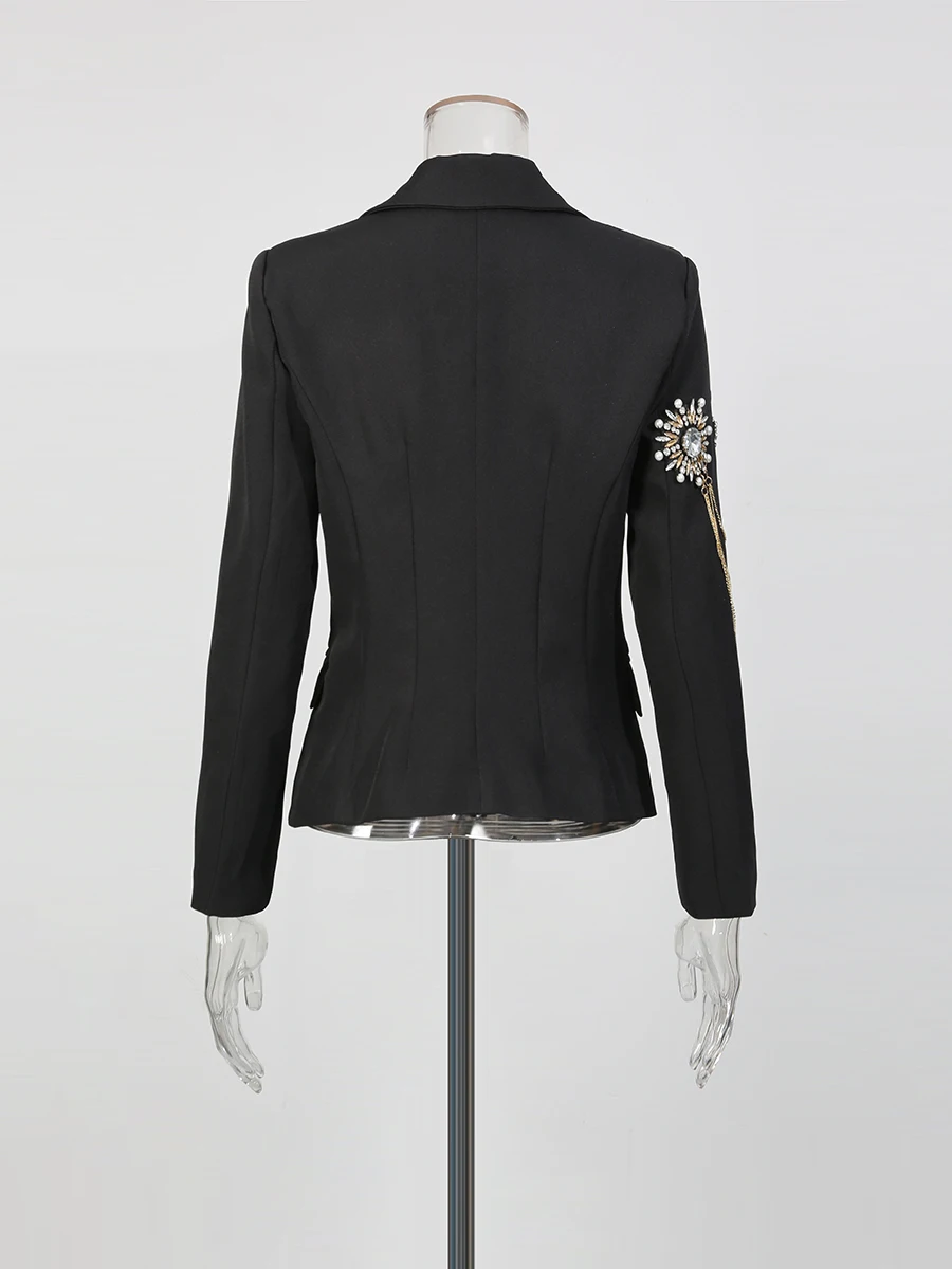 TWOTWINSTYLE Slimming Spliced Bead Temperament Blazers for Women Lapel Long Sleeves Patchwork Chains Fashion Blazer Female New