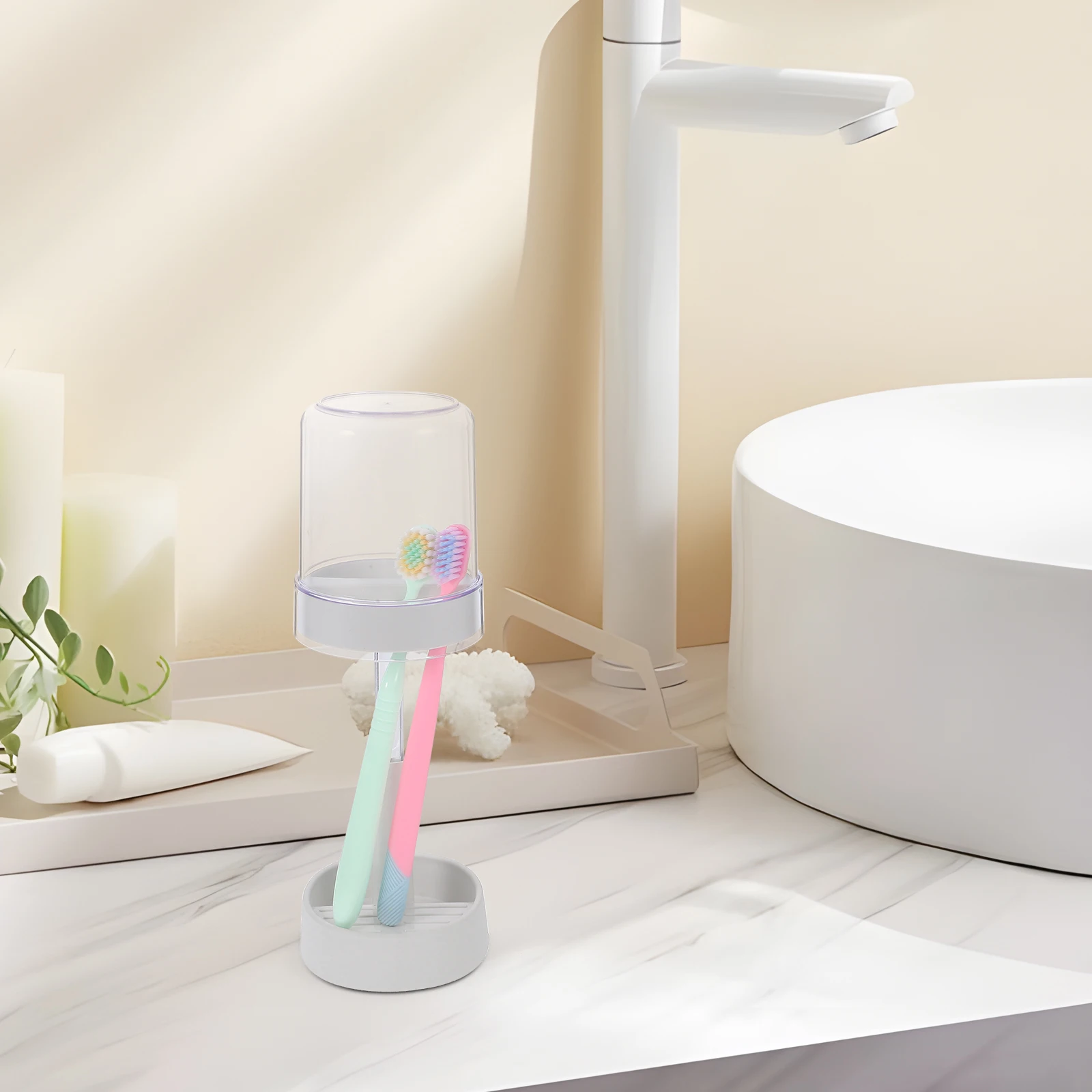 2 Slots Toothbrush Holder Covered Cup Toothpaste Storage Rack Electric Toothbrush Organizer Bathroom Counter Stand