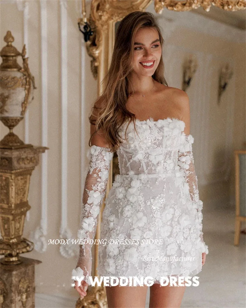 MODX Sexy Knee Mini Short Wedding Dress Lace 3D Flowers Printing Bridal Gown With Gloves A Line Strapless Prom Gown Vestidos