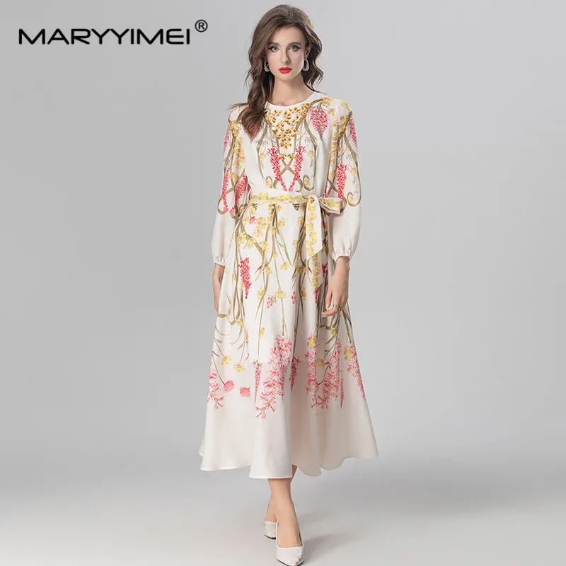 MARYYIMEI Autumn and Winter Women's Casual Party Dress Long-Sleeved Crystal Beading Design Lace-Up Elegant Print Mixi Dresses