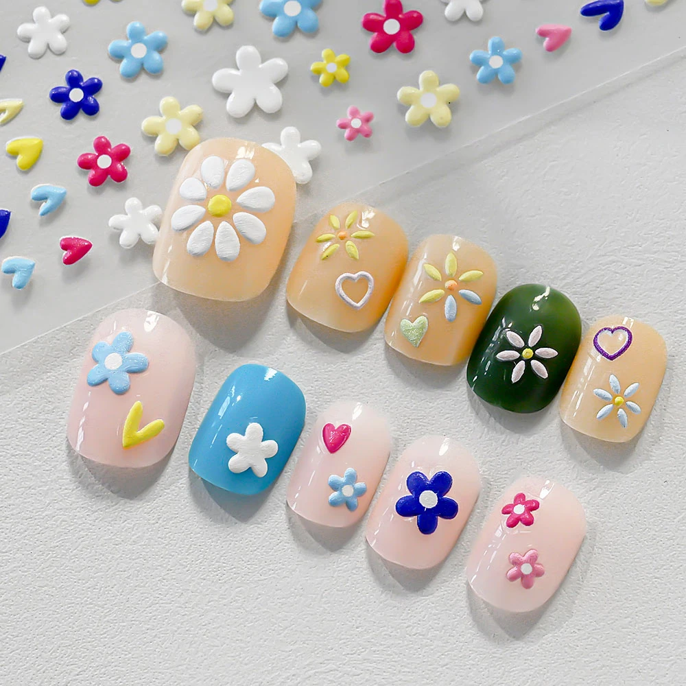 1szt 2025 Nowe naklejki na paznokcie 5D Daisy Flower Purple White Floral Cute Little White Rabbit Emboss Nail Decal Plant Manicure Decor
