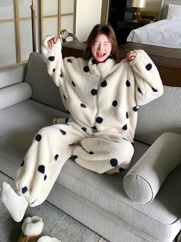 

Fluffy Polka Dot Women's Home Clothes Set Lamb Fur Outerwear Winter Warm Two-Piece Suit Casual Style High Waist Long Pants