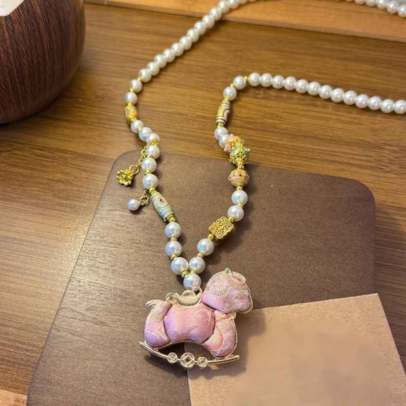  Elegant Pink Song Brocade Horse Pendant Necklace Alloy Fashion Jewelry Gift