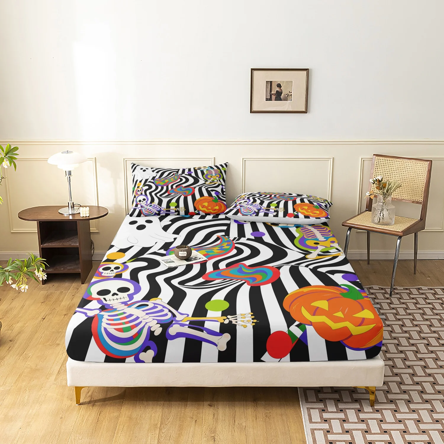 3 Pieces Rainbow Skeleton Halloween Print Fitted Sheet Set, Black White Wavy Stripe Pumpkin Ghost Colorful Swirl Printed Bedding