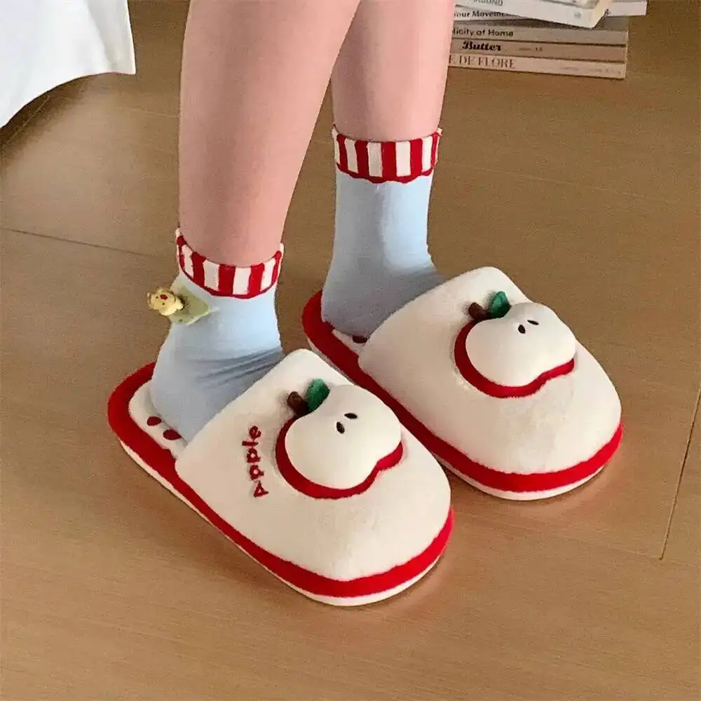 

Winter Home Slippers Women New Cute Apple Closed Toe Furry Slippers Women's Warm Anti Slip Indoor Household Cotton Slippers