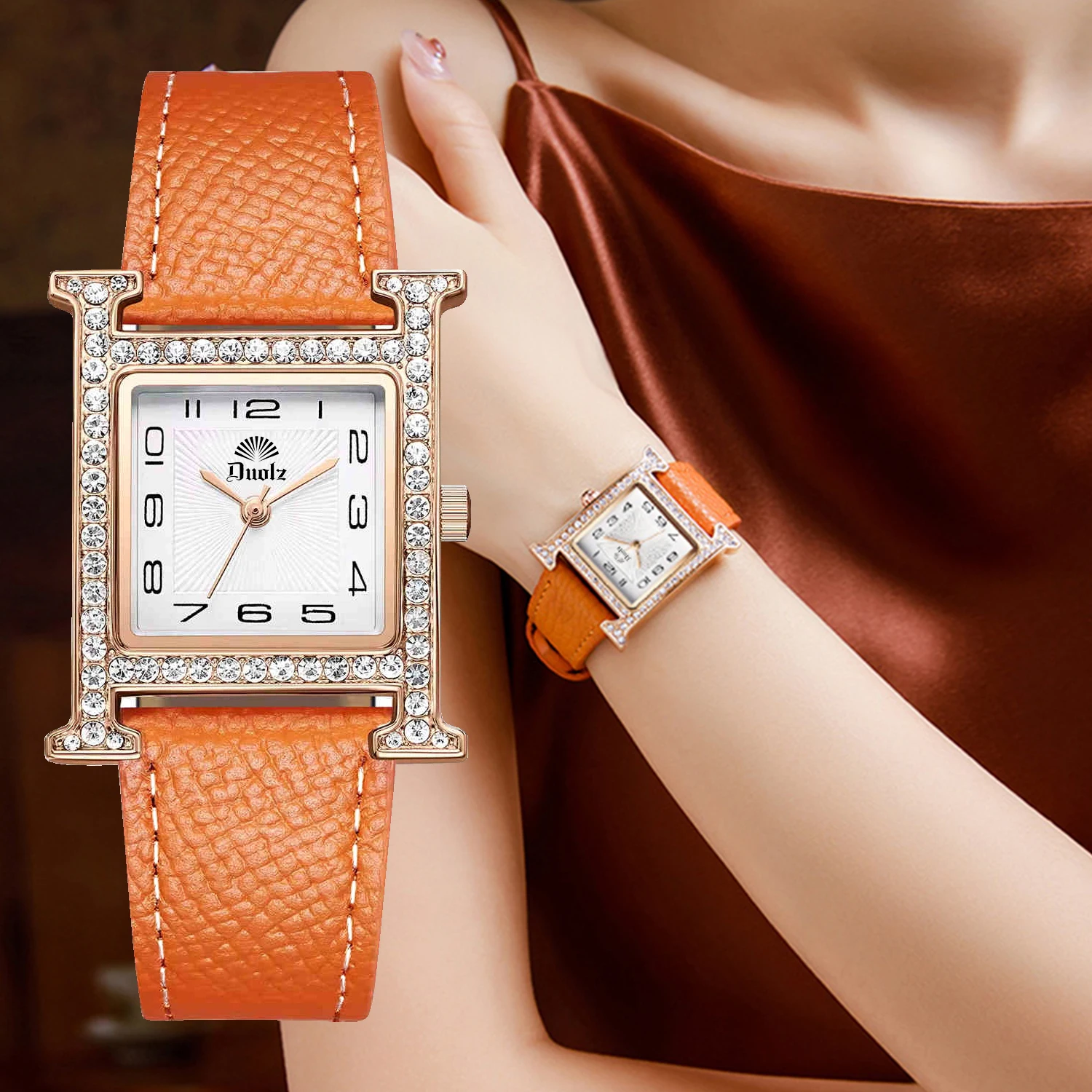 2025 ساعة نسائية جديدة موضة مربعة الذهب الوردي ساعة موضة جلدية ماركة ساعة نسائية كوارتز مقاومة للماء
