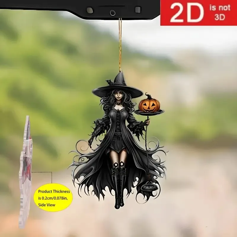 2D Acrylic Halloween Witch Pumpkin Car Keychain Rearview Mirror Pendant Gothic Witch Lantern Auto Interior Decor Holiday Gift