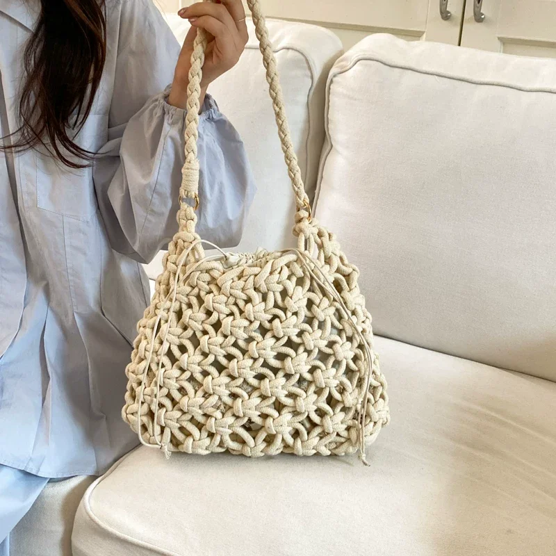 

Bohemian Style Beach Bags for Women 2026 Summer Drawstring Hollow Out Decor Underarm Bag Personalized Casual One Shoulder Bag