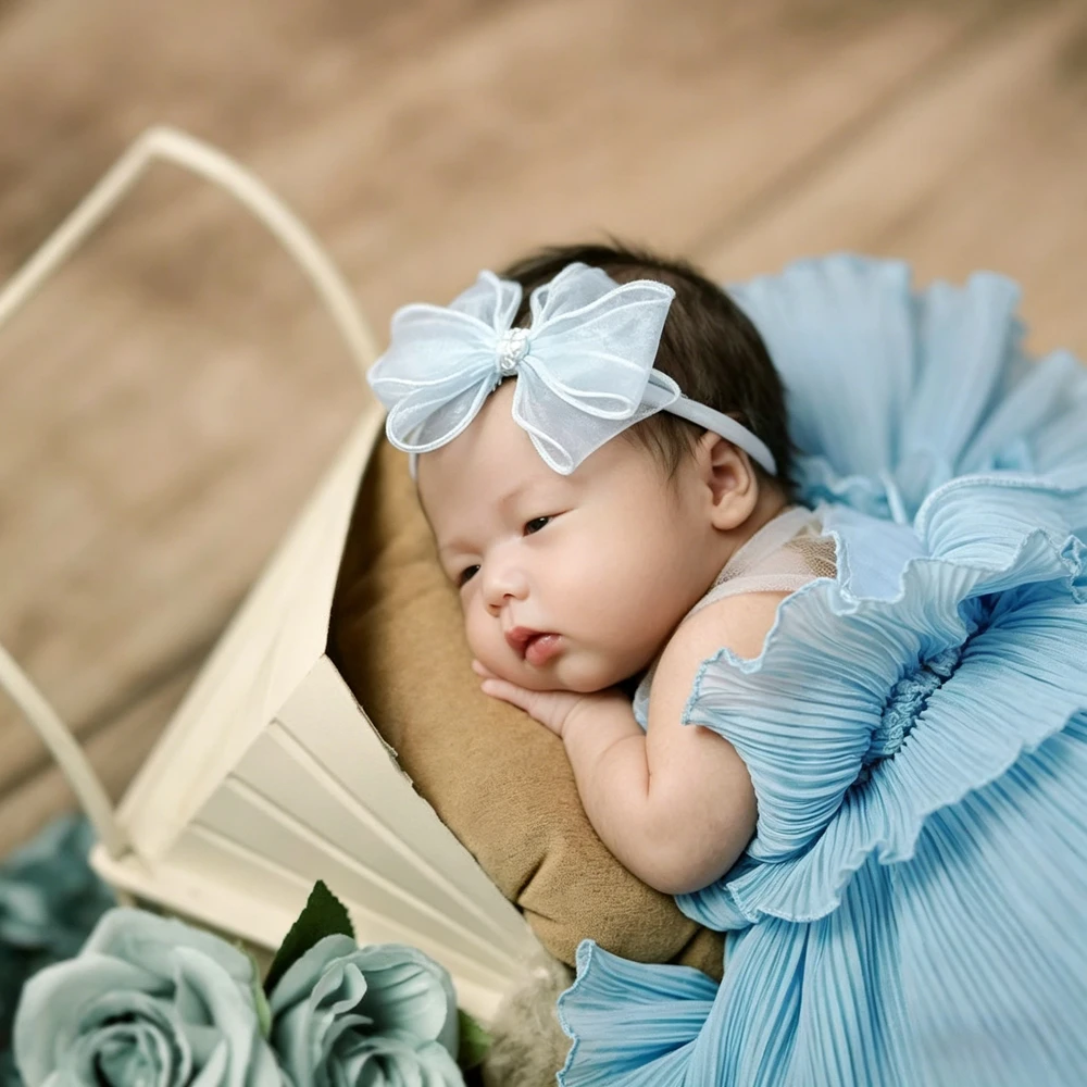 Newborn Photography Props Dusty Blue Dress Baby Girl Photoshoot Outfit Pleated Puffy Skirt Studio Portrait Photo Clothing
