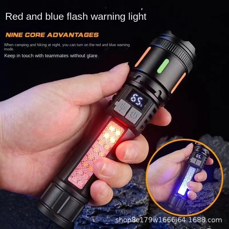 Rechargeable led flashlight with COB Side light White Laser Flashlight Waterproof Zoom Power Display Tactical Torch for Camping