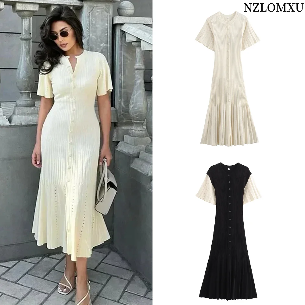 Cárdigan de cuello redondo de una sola botonadura para mujer, vestido Delgado sexy, Vestido largo de cola de pez de punto, ropa elegante para mujer, nuevo