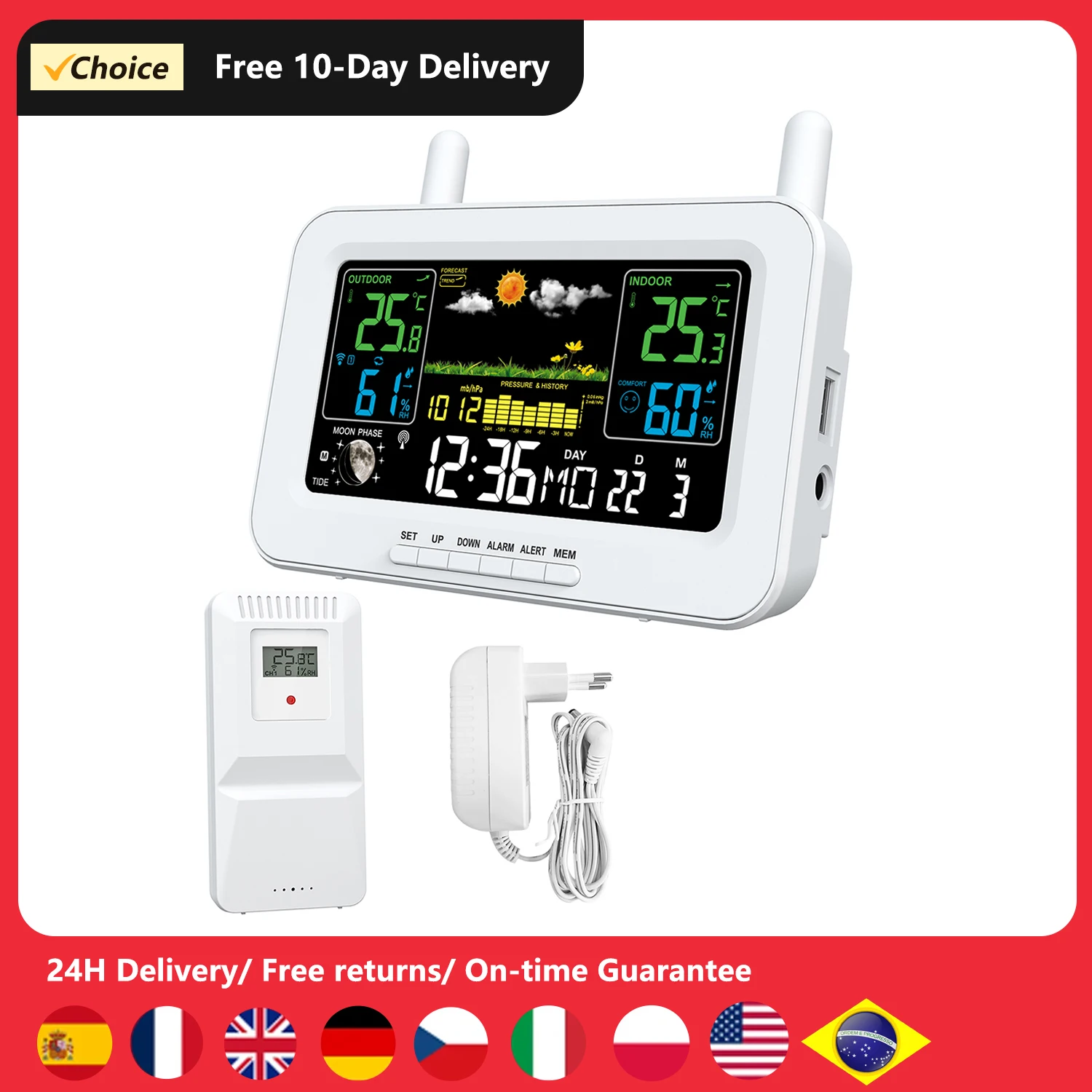 Color Screen Smart Weather Station, USB Output Indoor and Outdoor Thermometers  with Radio Time Automatic Calibration Function