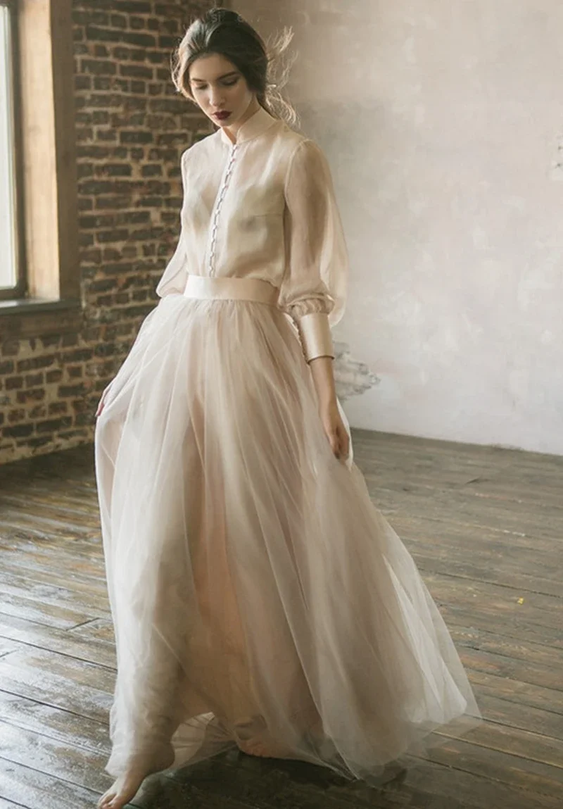 

Classic Champagne Evening Dress 2025 Long Sleeves A Line Tulle Formal 2 Pieces Prom Party Gown Vestidos De Feast Robe De Soriee