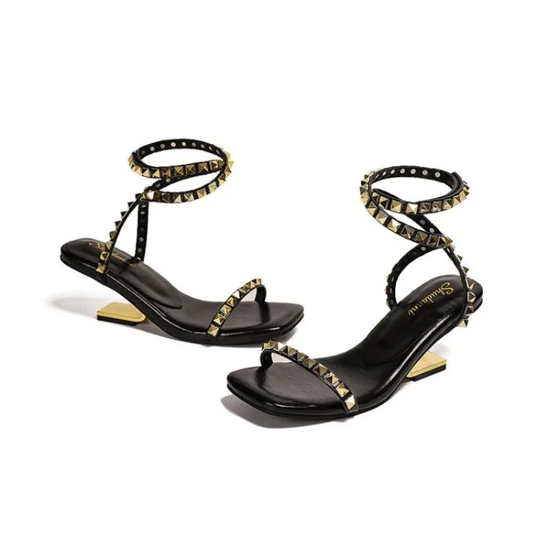 High-heeled Studded Sandals for Women 2026 New Summer Wai One-word Belt Open-toe Temperament Versatile Simple Women's Shoes