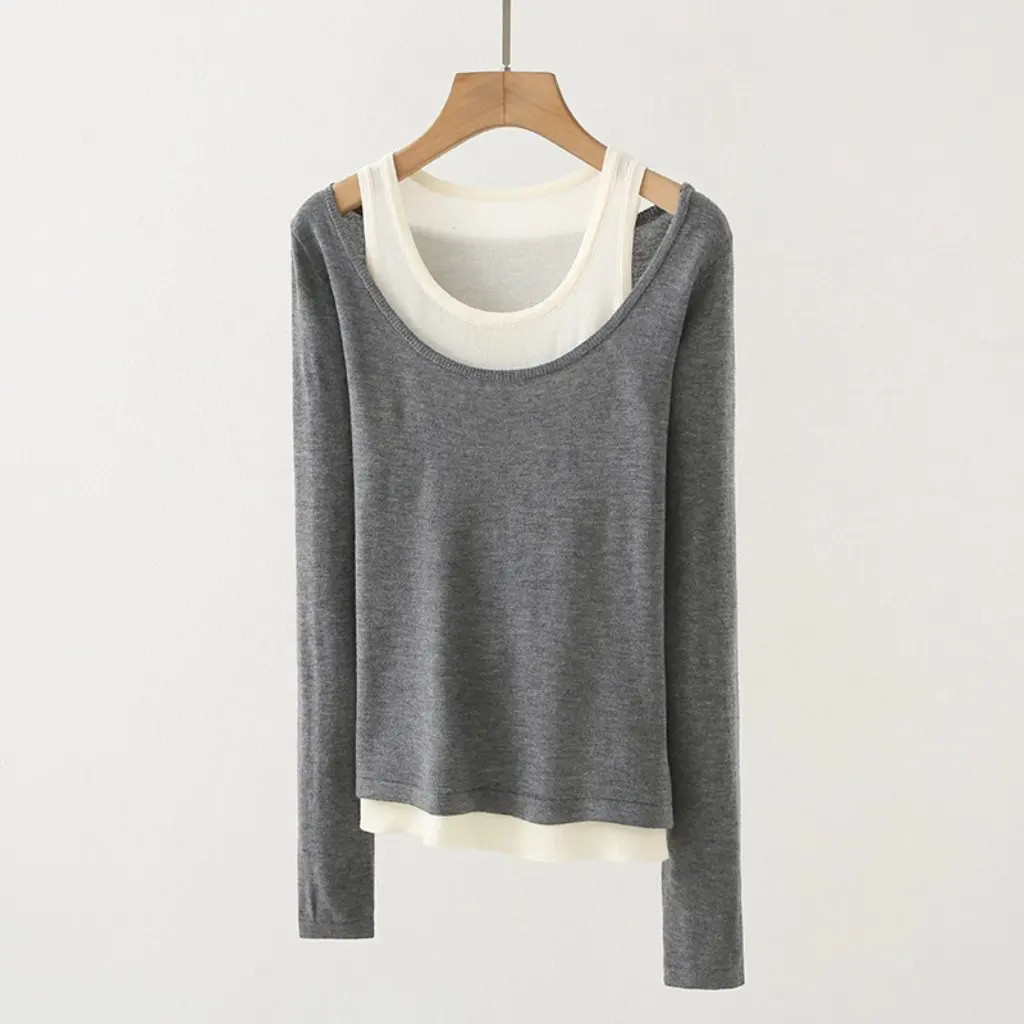 

B1YUE-720 Women's Korean Style Pullover Sweater Fake Two-Piece Base Design Autumn Fashion French Color Matching Wholesale