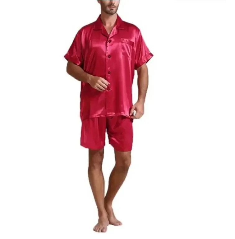 Satin Suits Nightwear Sleeve Summer Fahion Sets Men Short Sleepwear Pajamas Tops+pants 2Pcs Silk Homewear