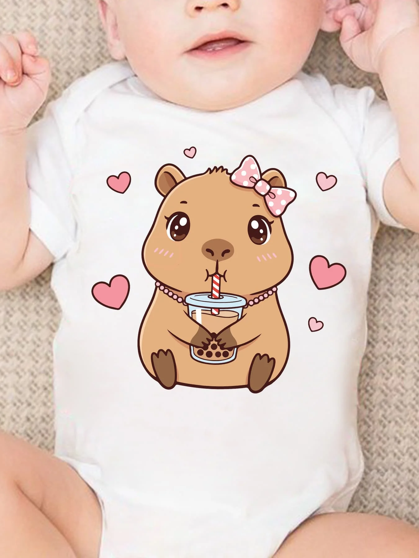 

Baby Triangle Bodysuit Pink Polka Dot Bow Pearl Necklace Capybara Drinking Milk Tea Element Cartoon Print Newborn Short-Sleeved
