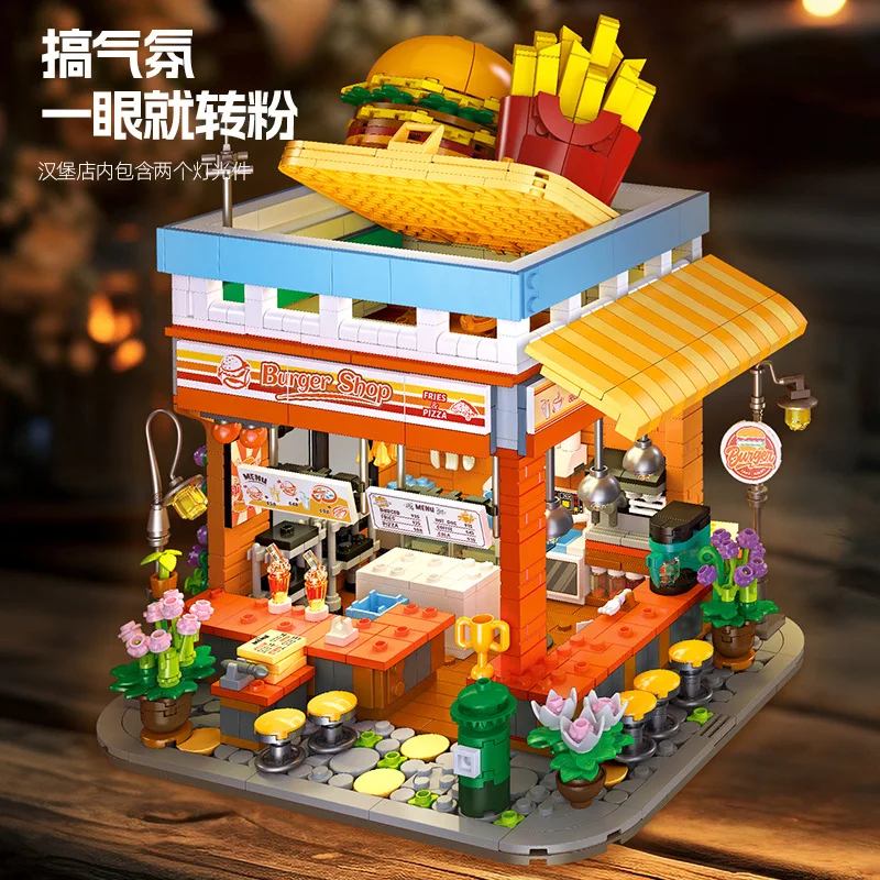 Bloques de construcción de tienda de hamburguesas creativas Street View, conjunto de montaje Modular MOC, modelo de decoración de escritorio, juguetes creativos, regalos para niños