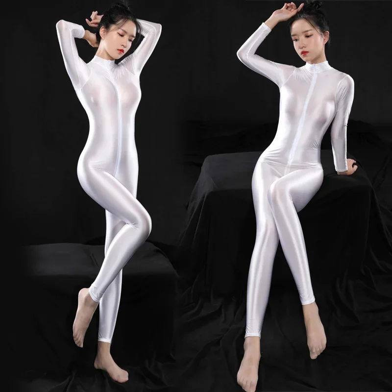 Sexy Shiny Long Sleeve Full Length Oil Tights Smooth Leotard Running Overall Yoga Zentai Casual Sport Jumpsuits Catsuits