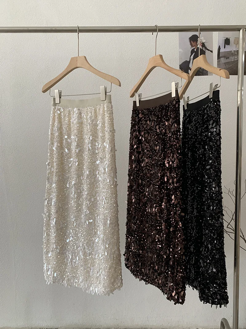 

Fashion Party Sequined Skirt For Women Autumn Winter High Waist Beading American Elegant Christmas Female Shiny Skirts