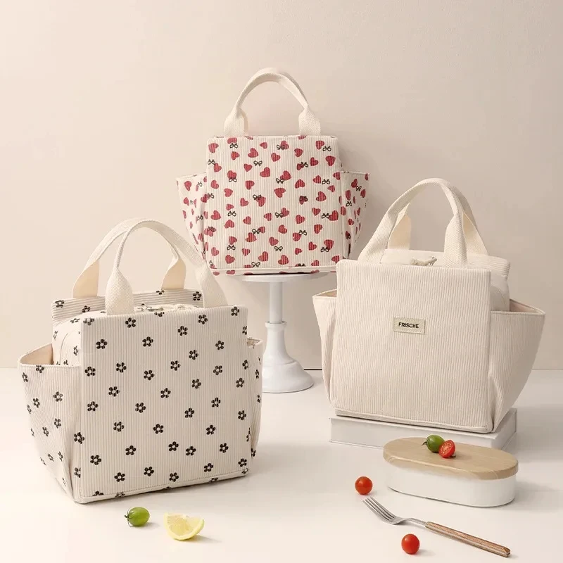 

Portable Corduroy Lunch Bag, Insulated Lunch Box, Cute Printed Lunch Storage Bag, Picnic Lunch Bag, Large Capacity Tote Bag