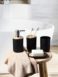 4-piece black bathroom accessories set, plastic toothbrush holder with bamboo cover, toothbrush cup, lotion dispenser, soap box