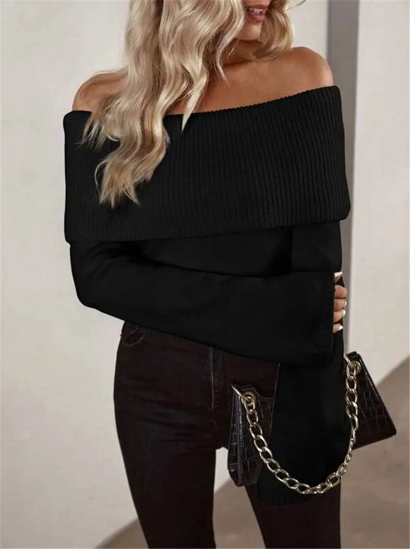 2024 Women\'s Autumn/Winter Sweater New One Line Neck Slim Fit Fashion Sexy Knitted Long Sleeves Casual Elegant Solid Color