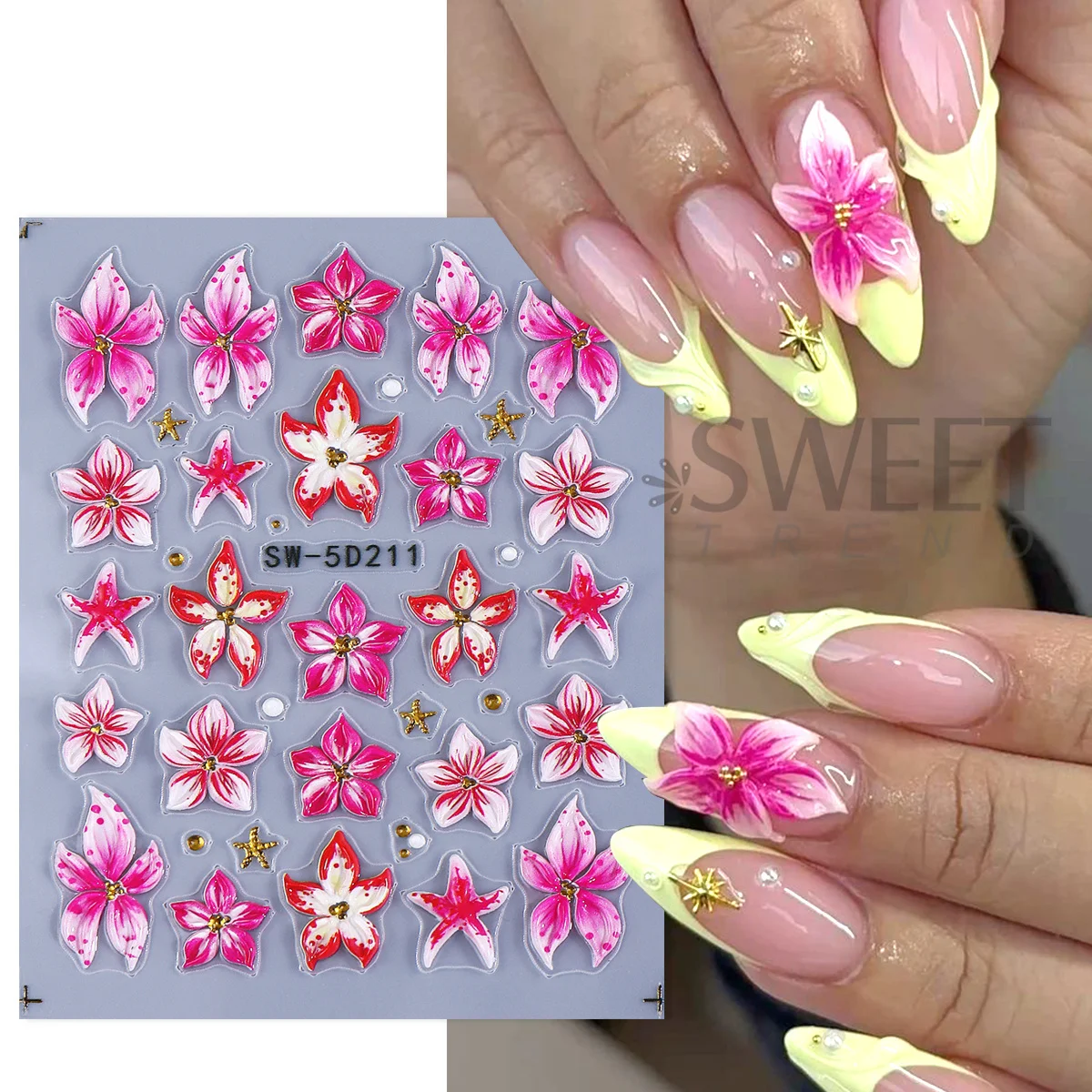 2pcs Pink Yellow Lily Flowers Nail Embossed Sticker 5D Phalaenopsis Starfish Design Textured Decal Tropical Summer Manicure Tips