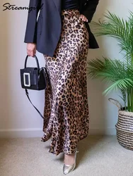 Long Leopard Skirt Women 2026 Luxury Satin Skirts Ladies Office Party A Line High Waist Brown Skirt For Women Maxi Spring Summer
