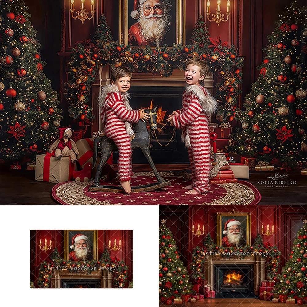 

Santa Claus Xmas Fireplace Backdrops Kids Adult Photography Child Baby Photocall Red Wall Christmas Trees Backgrounds