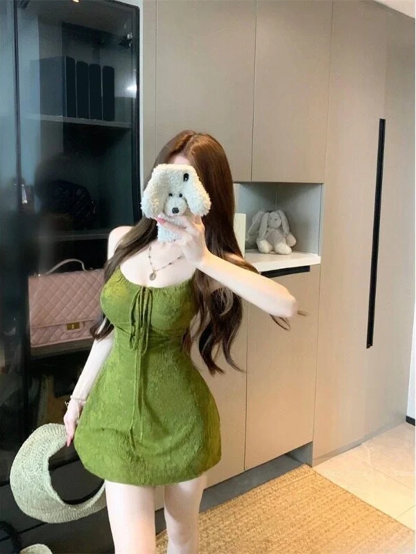 

Ретро-зеленое платье-халтер с текстурой, женское летнее приталенное платье А-силуэта с цветочной вышивкой, белое облегающее платье, подчеркивающее фигуру