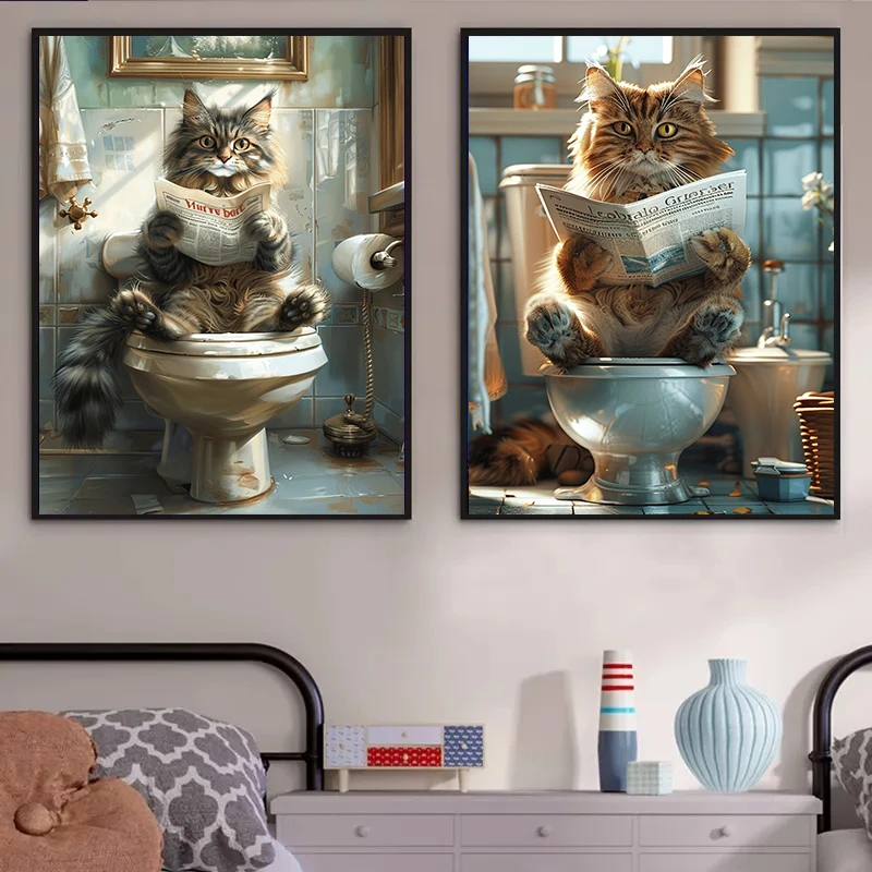 Animal on The Toilet and Reading Newspaper Poster Funny Cute Cat Bathroom Canvas Painting Wall Art for Room Lavatory Home Decor