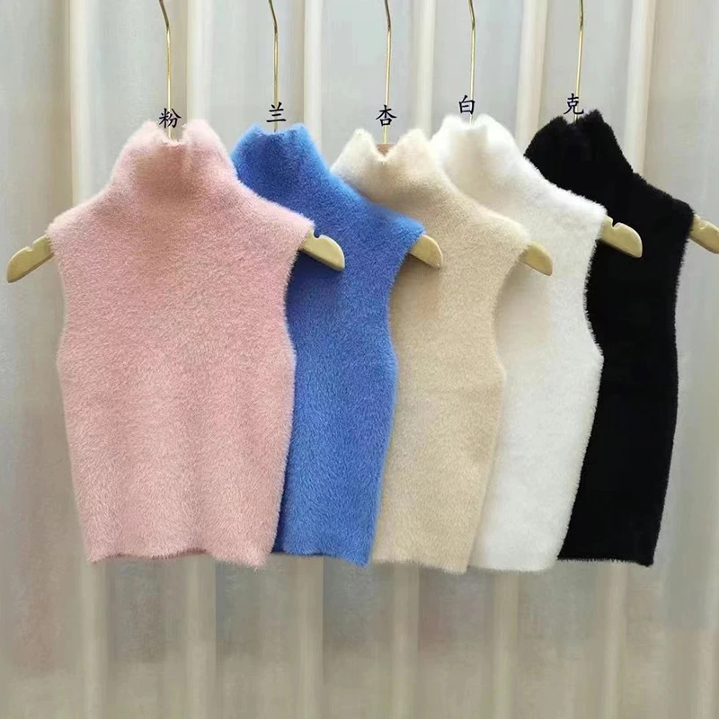 Autumn and Winter Pile Neck Sweater Tank Top Women's Sleeveless Knitting Basic Sexy Off Shoulder Short Vest Tops