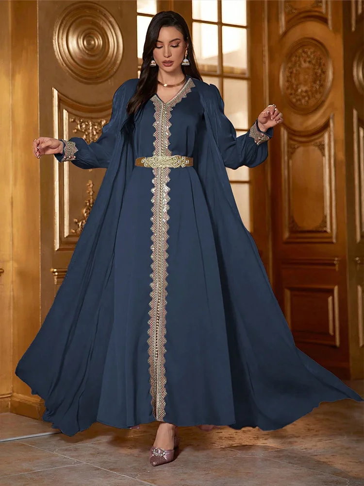 

Элегантные мусульманские комплекты для женщин, кимоно, кардиган, одинаковое платье, Дубай, открытый кафтан Абая Kebaya, марокканский женский халат, ислам Джалабия