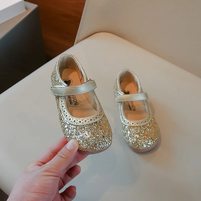 Gold/silver Girls Leather Shoes with Sequins Anti Slip Soft Sole Round Toe Spring Autumn Outdoor PU Princess Leather Shoes