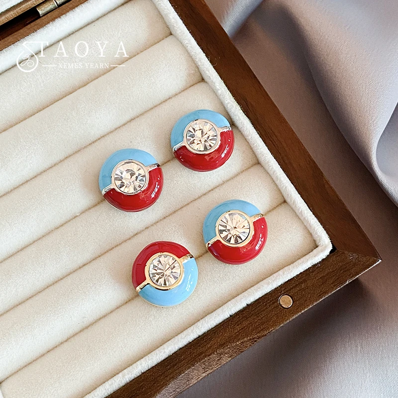 High Grade Red Blue Enamel Patchwork Circular Zircon Earrings For Girls' Simple Classic Accessories Women‘s Fashionable Jewelry
