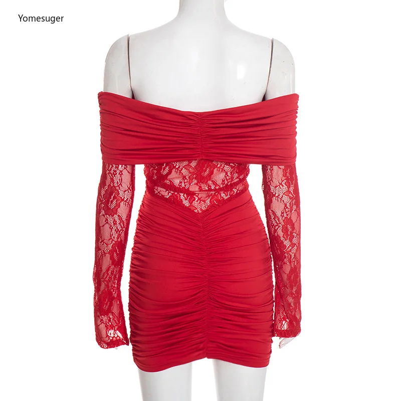 Yomesugar Sexy Lace Patchwork See Through Mini Dress Women Ruched Off Shoulder Full Sleeve Skinny Gown Birthday Party Clubwear