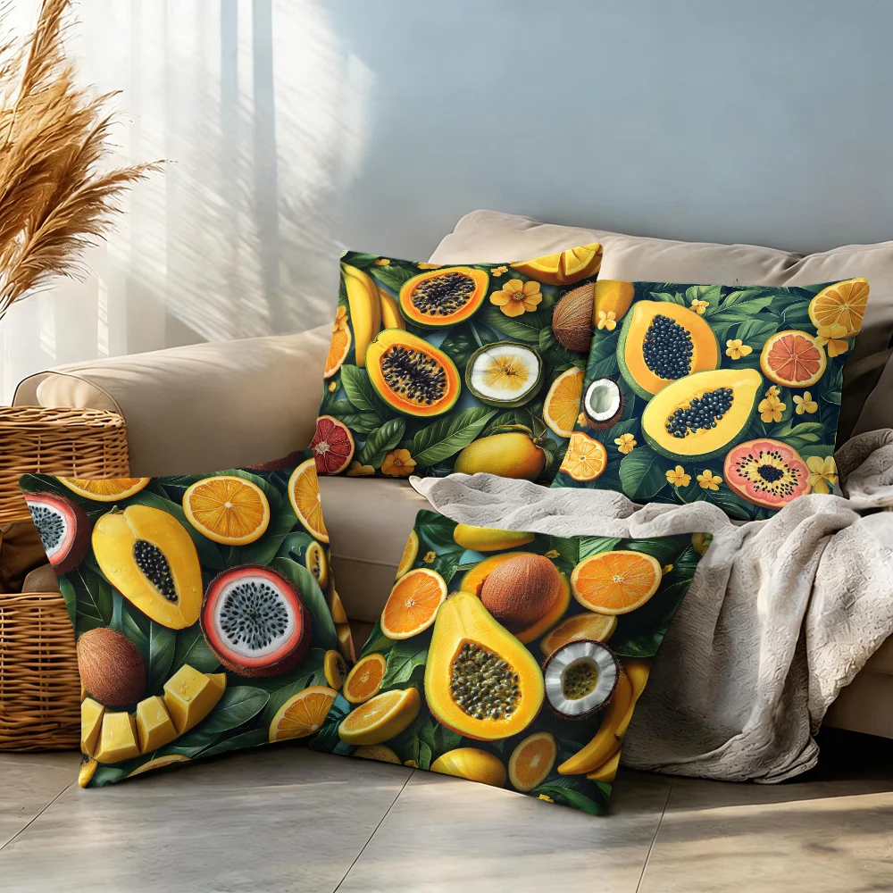 Decorative 4 Piece Tropical Fruit Print Pillow Cover Set Polyester Mango Citrus Pattern Printed Cushion Case for Home Bedroom De