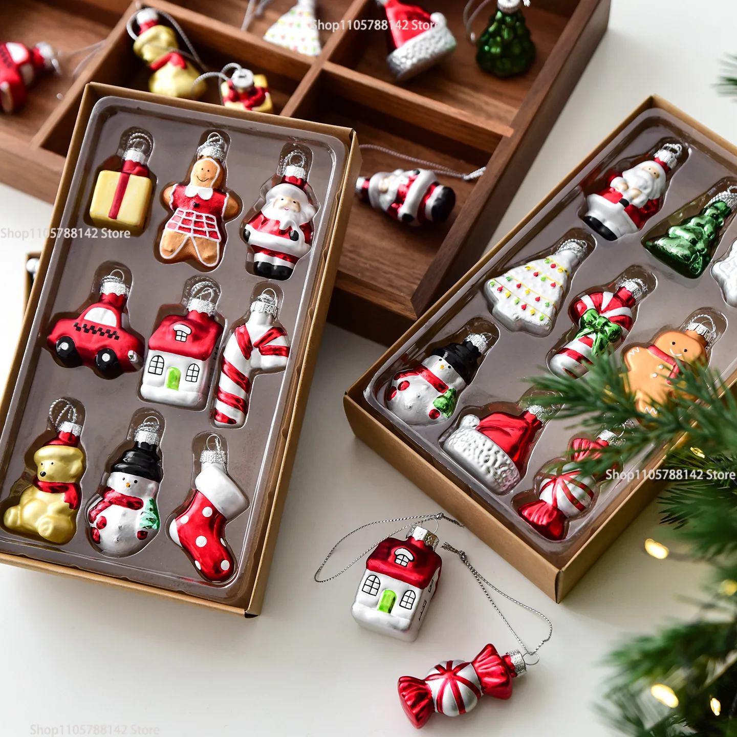 Christmas 6/9pcs Glass Xmas Tree Ornaments Snowman Car and House Atmosphere Decor Santa Claus DIY Small Pendant Gift Box