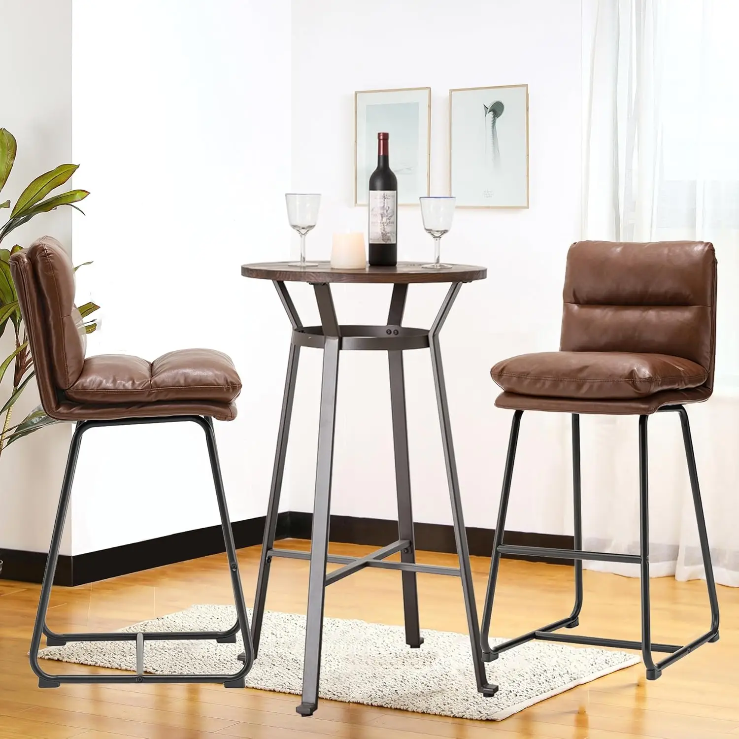 Glitzhome Juego de comedor de mesa y sillas, mesa de bar redonda de acero rústico con tapa de madera de olmo sólido y taburetes de bar de polipiel marrón