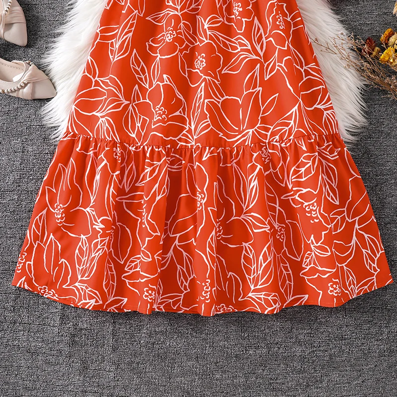 Langärmliges Kleid mit rotem Umrissdruck für Teenager-Mädchen, Stehkragen, geraffte Taille, mehrlagiges Rüschen-Swing-Outfit für Kinder im lässigen Stil – Detail 6