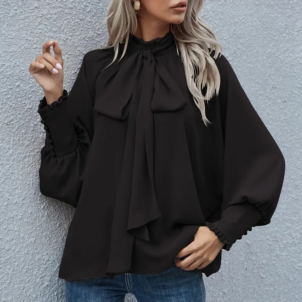 CPSYMYM Damen-Hemd mit Stehkragen, Fliege, Blase, langärmelig, Frühling und Herbst, neu, locker, alles, elegant, weiblich, lässig, O-Ausschnitt, alle M