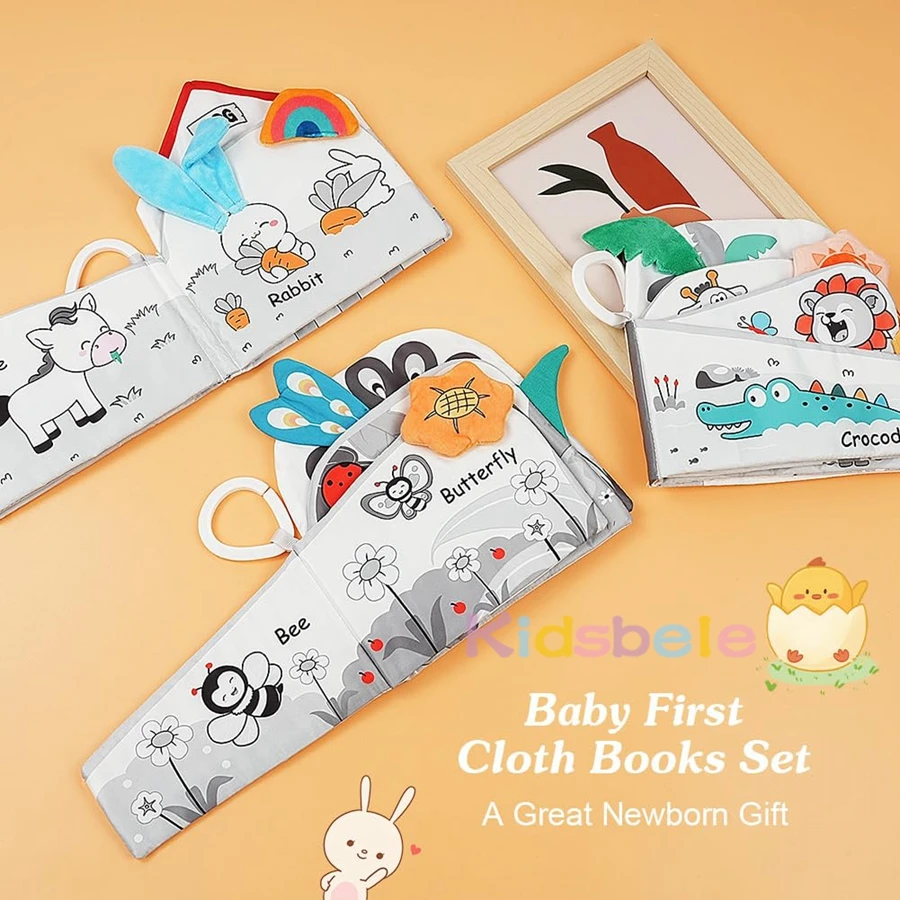 Baby-Crinkle-Stoffbuch mit Plüschtier-Zubehör, Montessori-Sensoriklernen, Soft-Touch-Bücher für Neugeborene von 0–36 Monaten